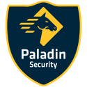 yellow paladin security logo on a blue- 
                         crested badge