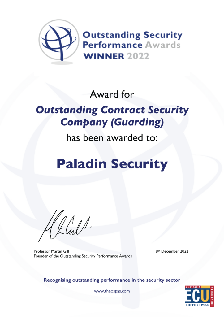 Paladin Wins "Outstanding Contract Security Company" Award from the OSPAs 2022